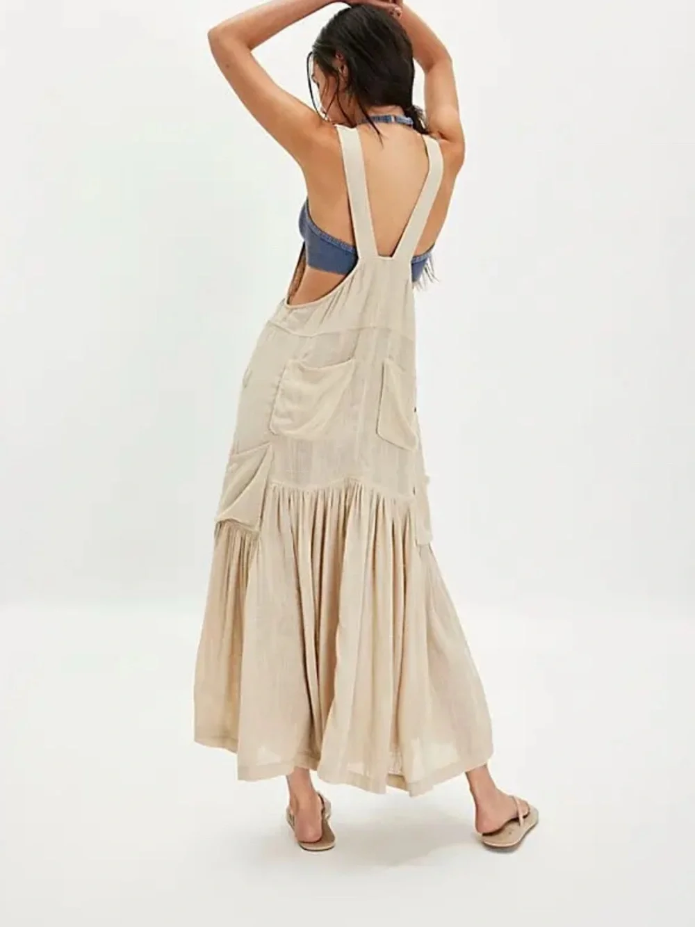 Free people Women's Natural Moonbeam Solid Skirtall linen dress nwt size m - Picture 3 of 9